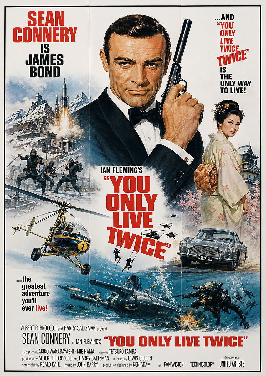 Vintage movie poster artwork for the James Bond film You Only Live Twice featuring Sean Connery